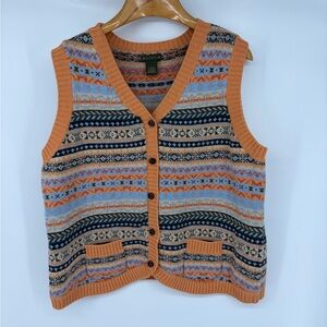 Vintage Charles F. Orvis Sweater Vest Fair Isle Grandpa Orange Merino Wool XL